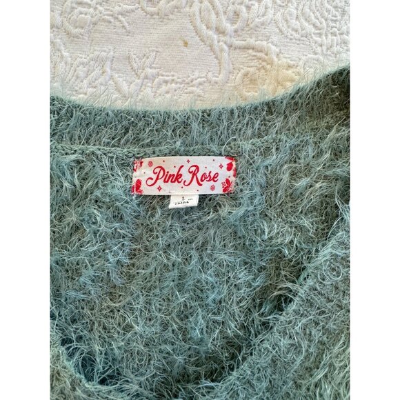 Pink Rose Womens V Neck Sweater L Lightweight Long Sleeved Fluffy Mint Green - Picture 3 of 7